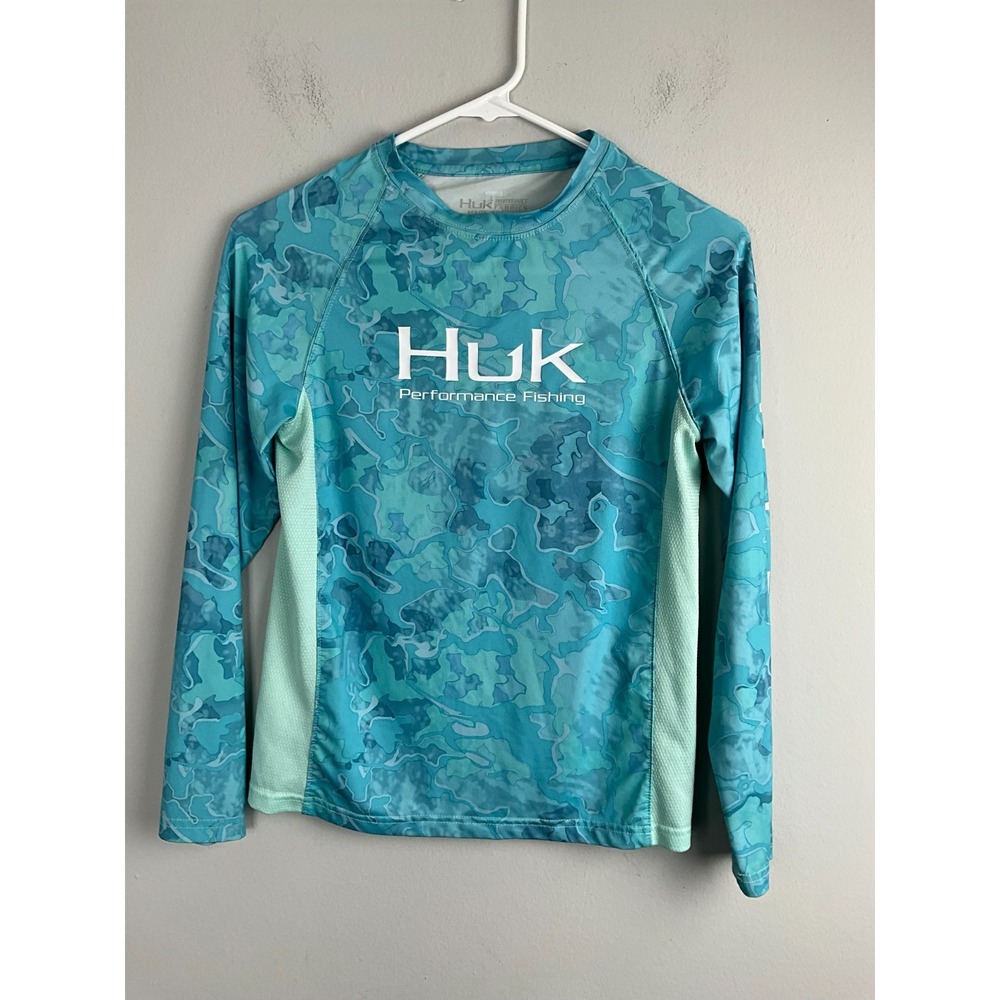 Huk Performance Fishing Long Sleeve Shirt Youth Medium Blue Camo Sun‎ Protection